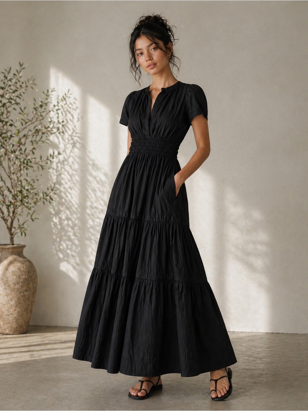 Maeve Black Tiered Maxi Dress Smocked Boho Cottagecore XXSP